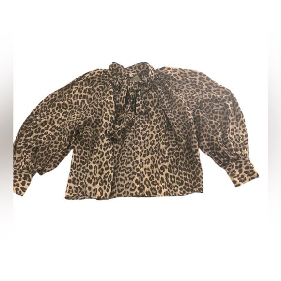 H&M Leopard Print Beige Blouse Balloon Raglan Sleeves Bow Tie Oversized, size M - Picture 5 of 8